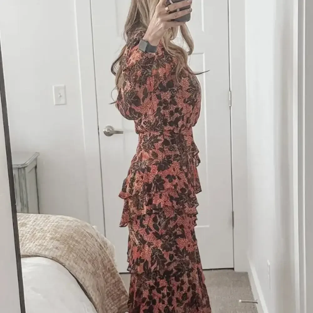 Saloni Floral Chiffon Midi Dress SIZE 4 Silk Ruffle Mockneck Work Designer $700 - Picture 5 of 12